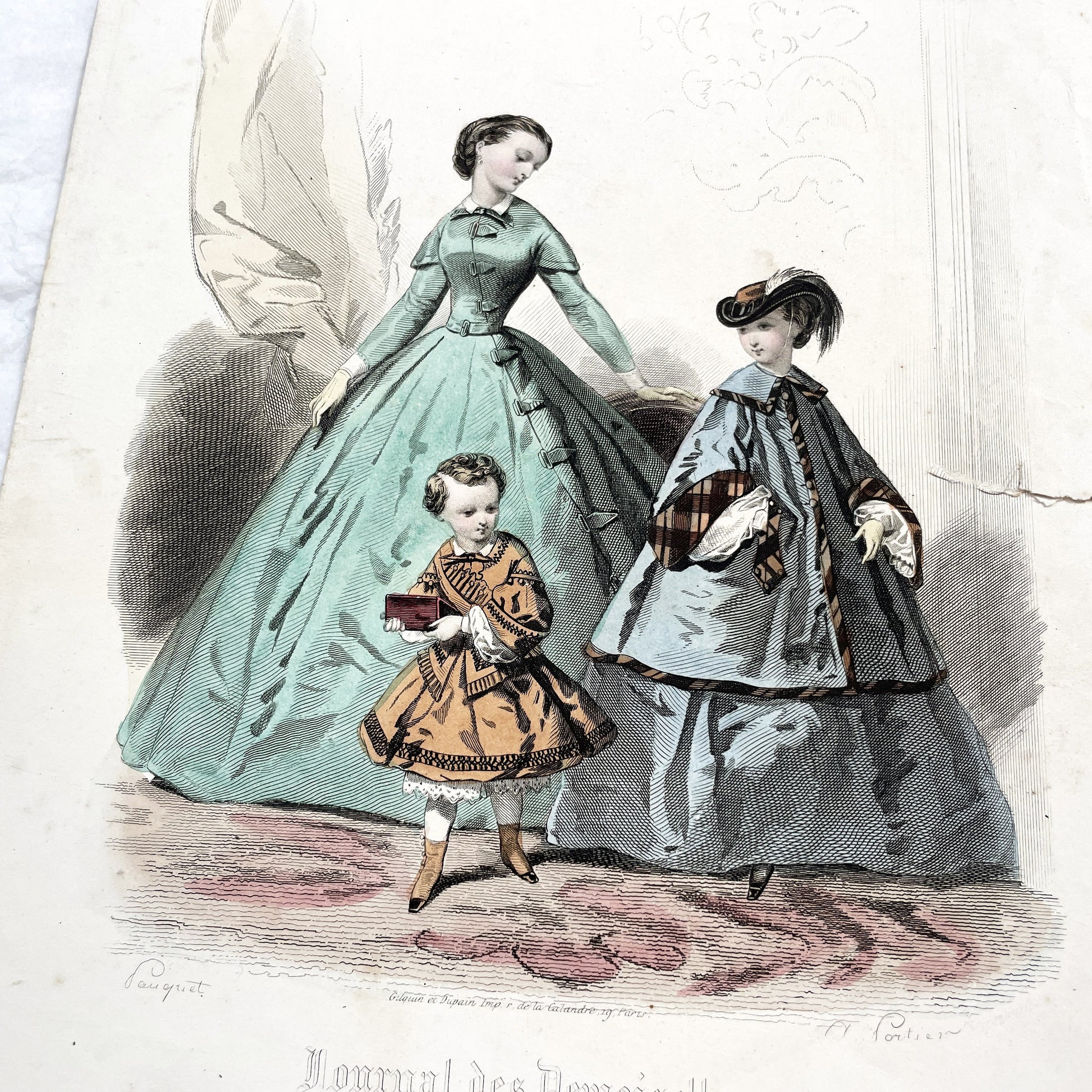 1850s - French Fashion Plate - Journal des Demoiselles - Original Hand-Colored Engraving - Victorian Crinoline Era - Paris Elegance