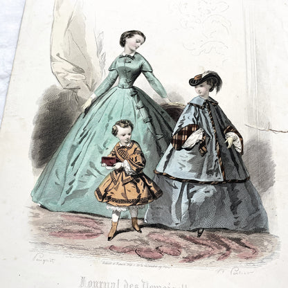 1850s - French Fashion Plate - Journal des Demoiselles - Original Hand-Colored Engraving - Victorian Crinoline Era - Paris Elegance