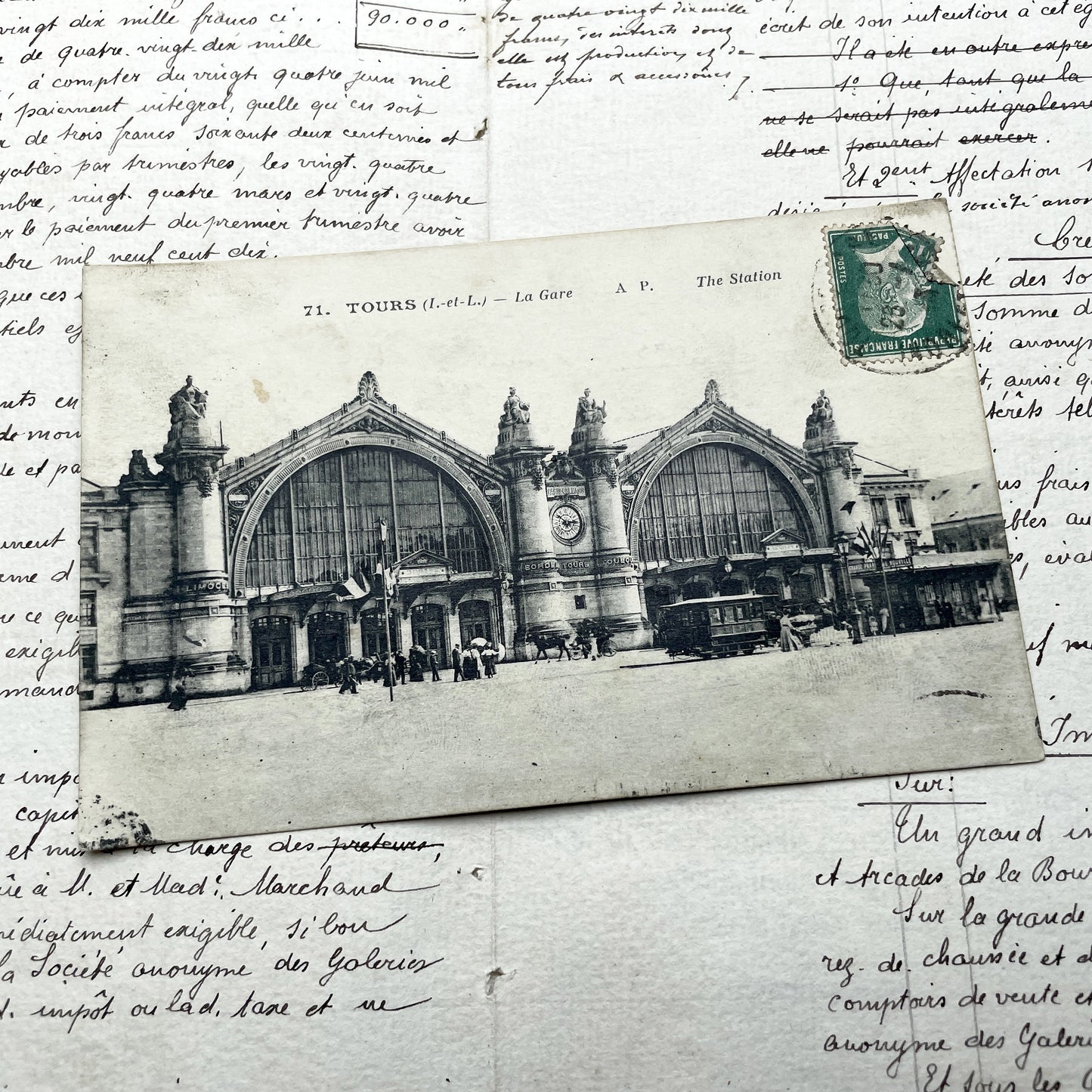 1910s - Grand Tours La Gare Train Station Postcard - Historic French Architecture - Street Scene - Horse Carriage - Early Tram
