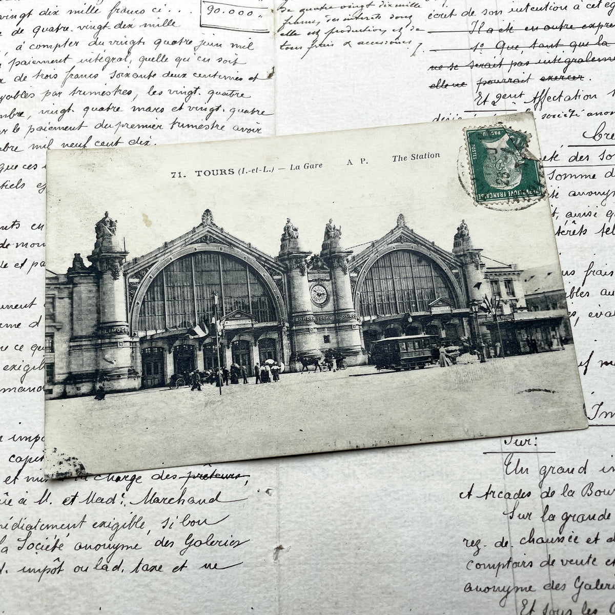 1910s - Grand Tours La Gare Train Station Postcard - Historic French Architecture - Street Scene - Horse Carriage - Early Tram