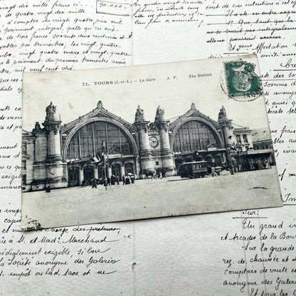 1910s - Grand Tours La Gare Train Station Postcard - Historic French Architecture - Street Scene - Horse Carriage - Early Tram