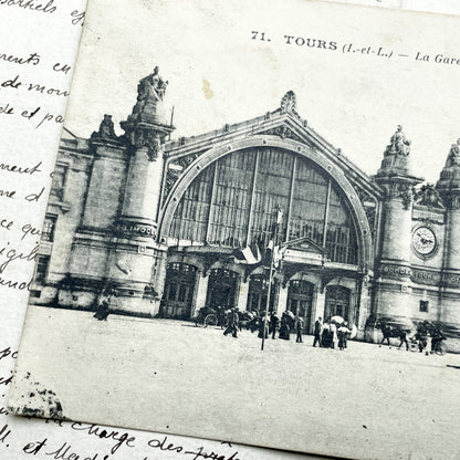 1910s - Grand Tours La Gare Train Station Postcard - Historic French Architecture - Street Scene - Horse Carriage - Early Tram