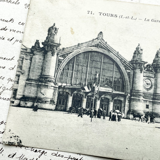 1910s - Grand Tours La Gare Train Station Postcard - Historic French Architecture - Street Scene - Horse Carriage - Early Tram