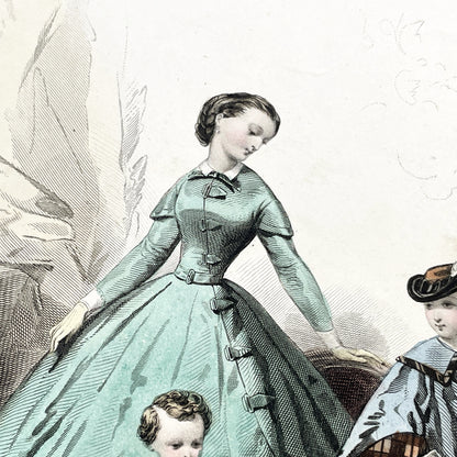 1850s - French Fashion Plate - Journal des Demoiselles - Original Hand-Colored Engraving - Victorian Crinoline Era - Paris Elegance