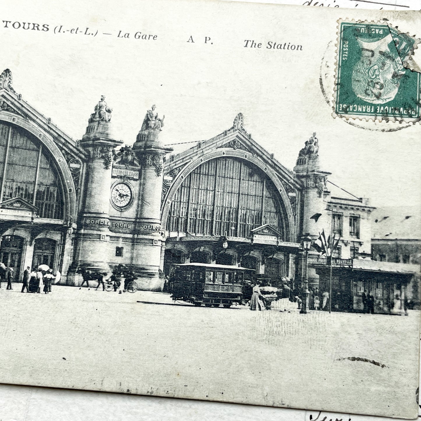 1910s - Grand Tours La Gare Train Station Postcard - Historic French Architecture - Street Scene - Horse Carriage - Early Tram