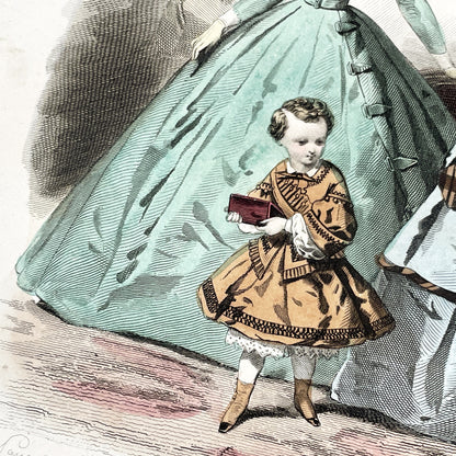 1850s - French Fashion Plate - Journal des Demoiselles - Original Hand-Colored Engraving - Victorian Crinoline Era - Paris Elegance