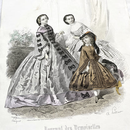 1850s - Original Hand-Colored Parisian Fashion Plate from Journal des Demoiselles - Victorian Era Ladies and Girls Attire - Engraved Print