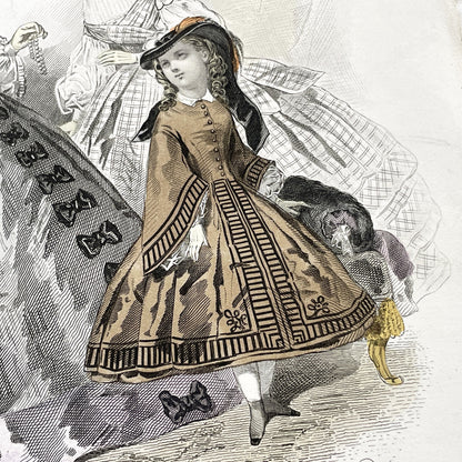 1850s - Original Hand-Colored Parisian Fashion Plate from Journal des Demoiselles - Victorian Era Ladies and Girls Attire - Engraved Print