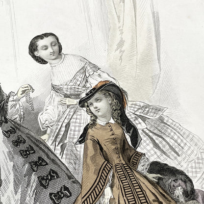 1850s - Original Hand-Colored Parisian Fashion Plate from Journal des Demoiselles - Victorian Era Ladies and Girls Attire - Engraved Print