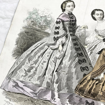 1850s - Original Hand-Colored Parisian Fashion Plate from Journal des Demoiselles - Victorian Era Ladies and Girls Attire - Engraved Print