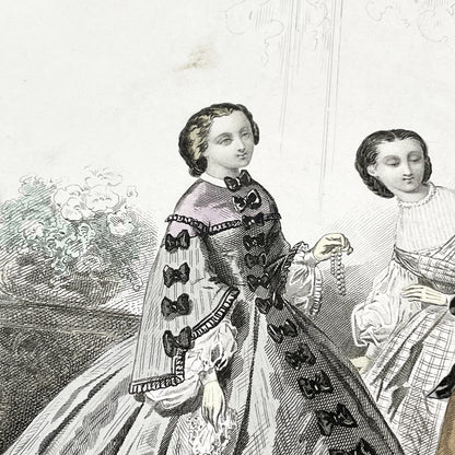1850s - Original Hand-Colored Parisian Fashion Plate from Journal des Demoiselles - Victorian Era Ladies and Girls Attire - Engraved Print