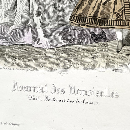 1850s - Original Hand-Colored Parisian Fashion Plate from Journal des Demoiselles - Victorian Era Ladies and Girls Attire - Engraved Print