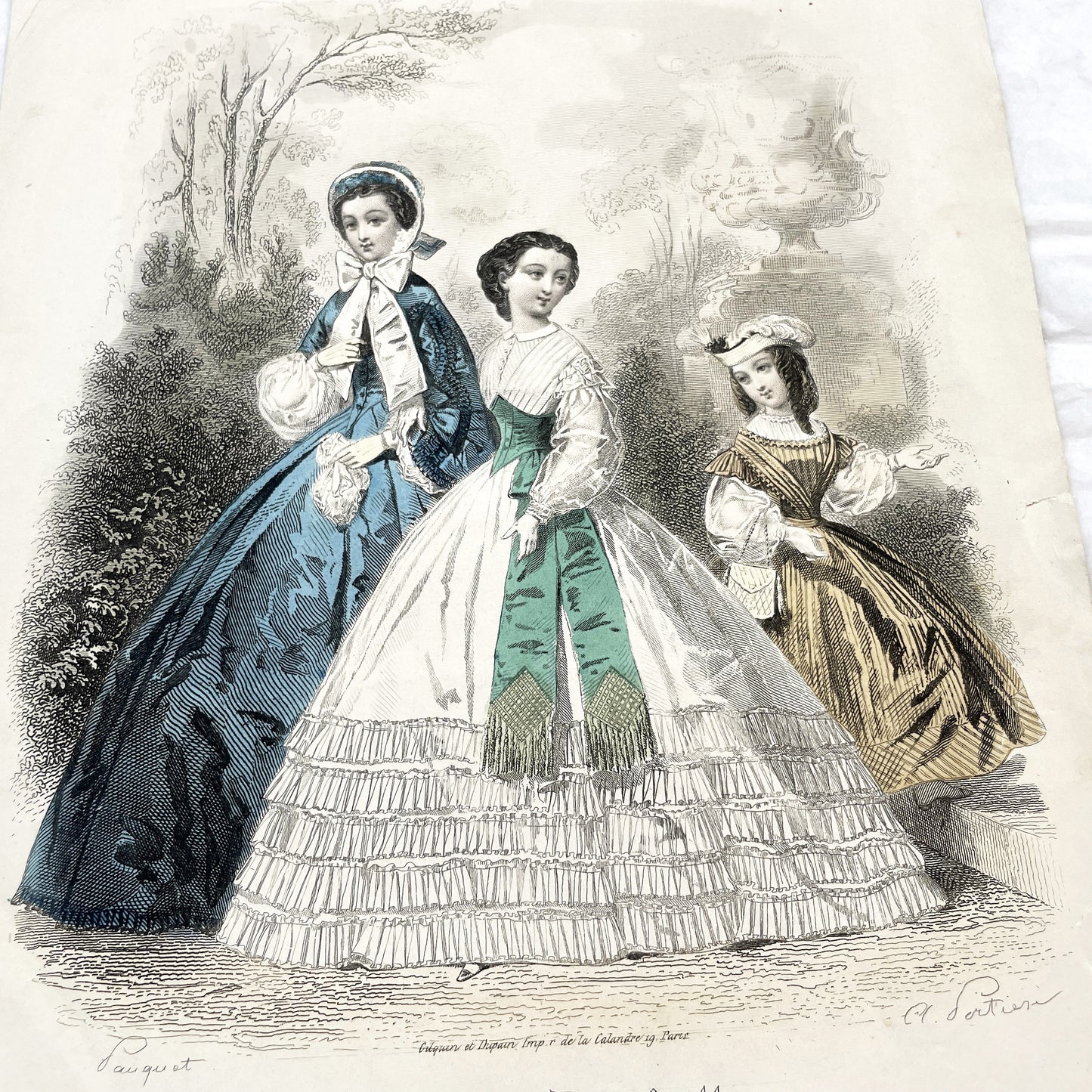 1860s - Original Antique French Fashion Plate - Journal des Demoiselles Print - Hand Colored Engraving of Elegant Women's Couture