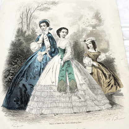 1860s - Original Antique French Fashion Plate - Journal des Demoiselles Print - Hand Colored Engraving of Elegant Women's Couture