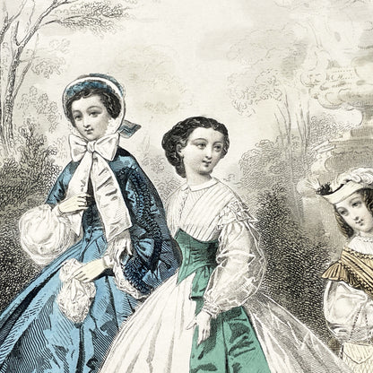 1860s - Original Antique French Fashion Plate - Journal des Demoiselles Print - Hand Colored Engraving of Elegant Women's Couture