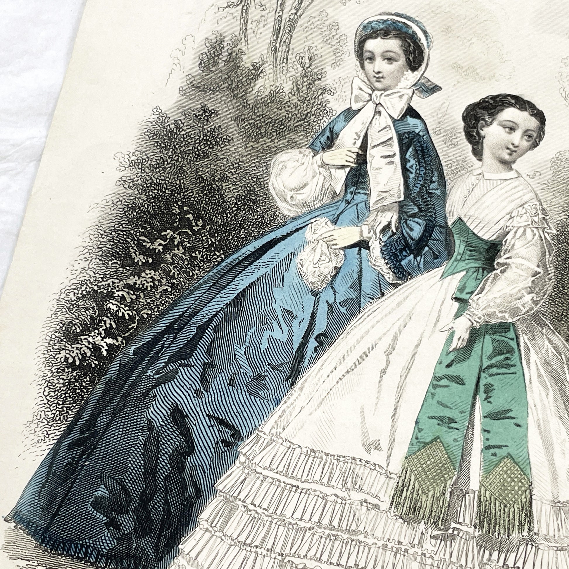 1860s - Original Antique French Fashion Plate - Journal des Demoiselles Print - Hand Colored Engraving of Elegant Women's Couture