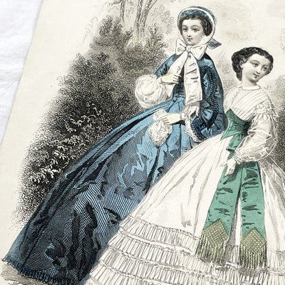 1860s - Original Antique French Fashion Plate - Journal des Demoiselles Print - Hand Colored Engraving of Elegant Women's Couture