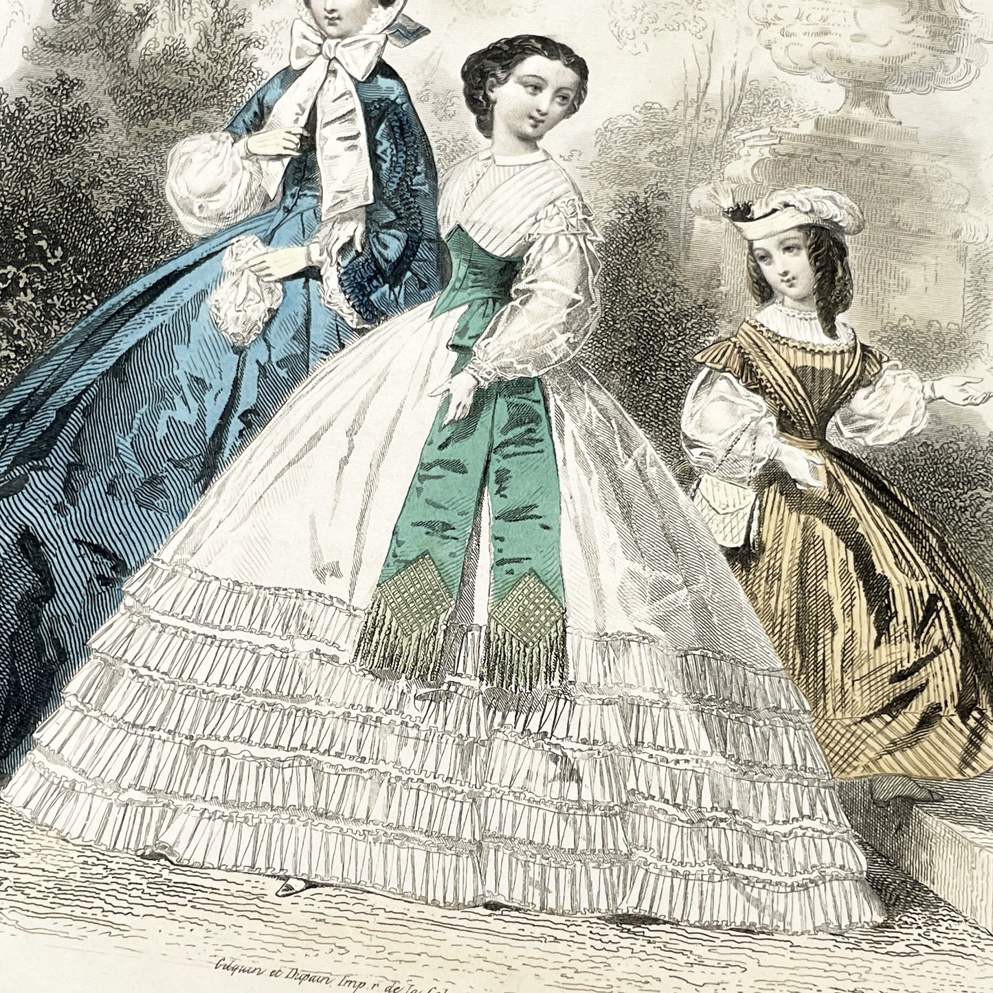 1860s - Original Antique French Fashion Plate - Journal des Demoiselles Print - Hand Colored Engraving of Elegant Women's Couture