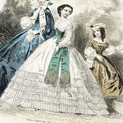 1860s - Original Antique French Fashion Plate - Journal des Demoiselles Print - Hand Colored Engraving of Elegant Women's Couture