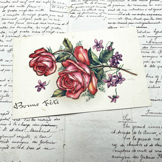 1950s - Antique Glitter Postcard - French Bonne Fete - Pink Roses Violets - Vintage Floral Art Greeting Card - Decorative Collectible