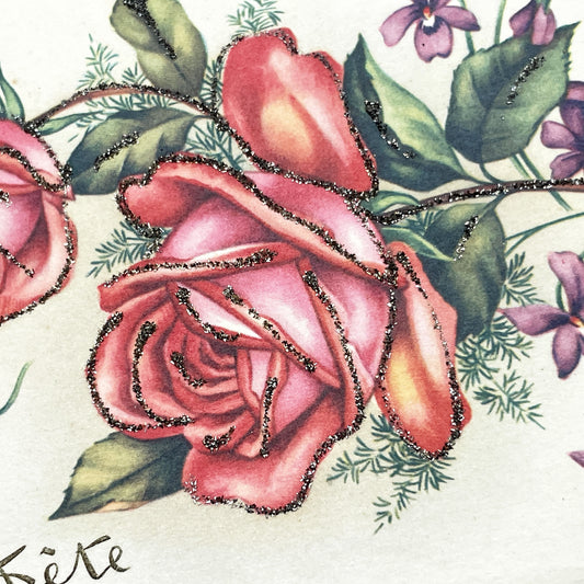1950s - Antique Glitter Postcard - French Bonne Fete - Pink Roses Violets - Vintage Floral Art Greeting Card - Decorative Collectible