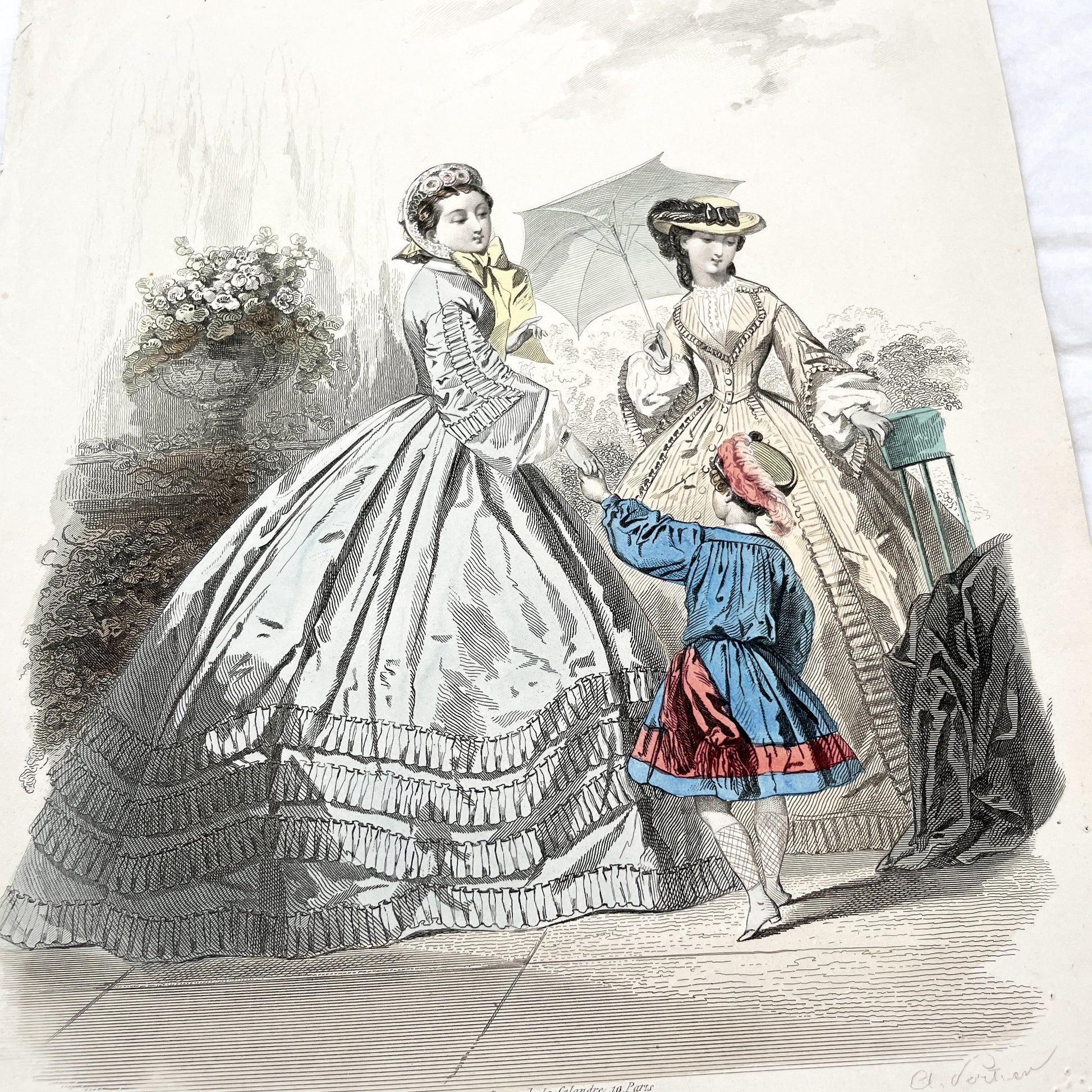 1860s - Exquisite Hand-Colored French Fashion Plate - Journal des Demoiselles - Victorian Era Women's Attire and Child - Paris Boutique Art