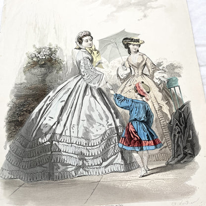 1860s - Exquisite Hand-Colored French Fashion Plate - Journal des Demoiselles - Victorian Era Women's Attire and Child - Paris Boutique Art