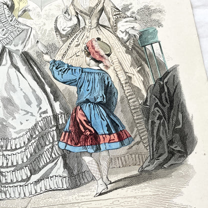 1860s - Exquisite Hand-Colored French Fashion Plate - Journal des Demoiselles - Victorian Era Women's Attire and Child - Paris Boutique Art