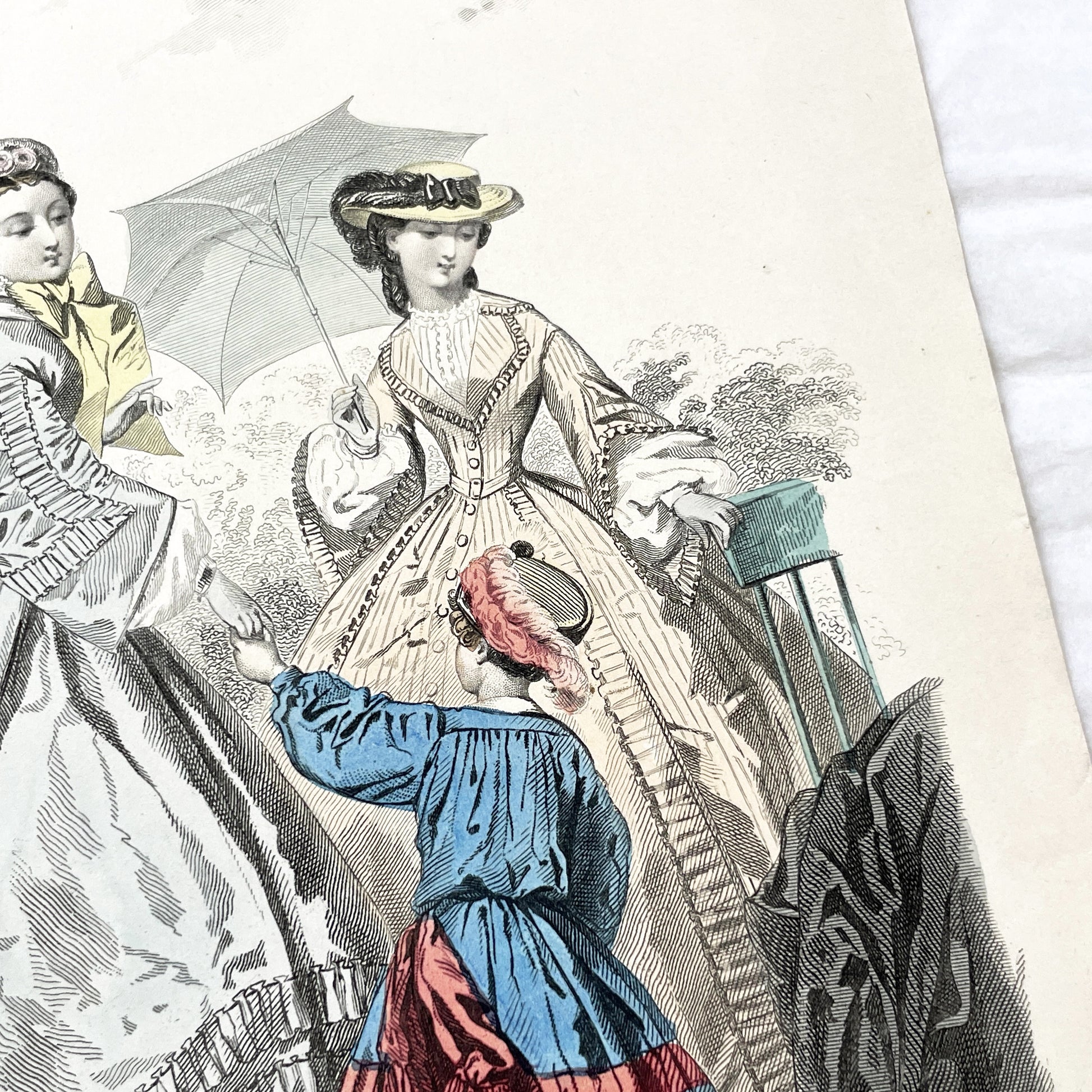 1860s - Exquisite Hand-Colored French Fashion Plate - Journal des Demoiselles - Victorian Era Women's Attire and Child - Paris Boutique Art
