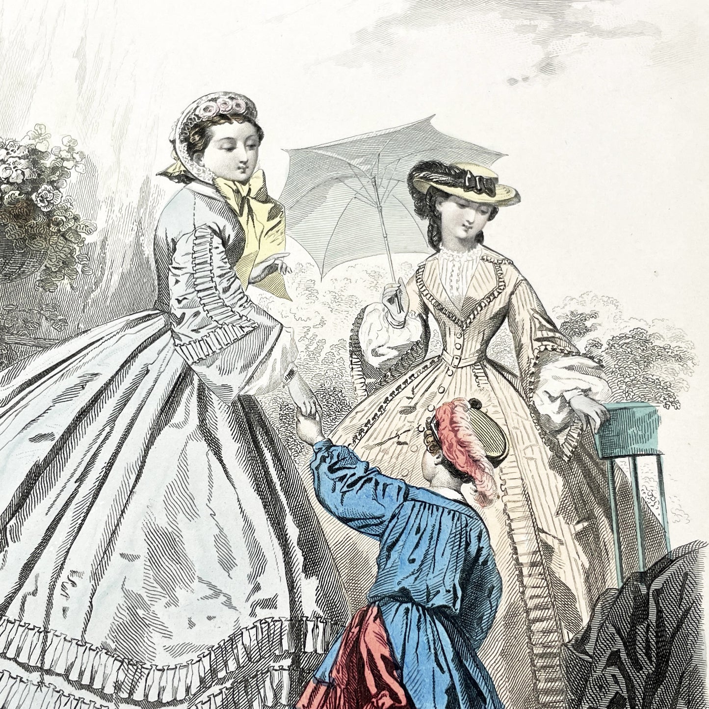1860s - Exquisite Hand-Colored French Fashion Plate - Journal des Demoiselles - Victorian Era Women's Attire and Child - Paris Boutique Art