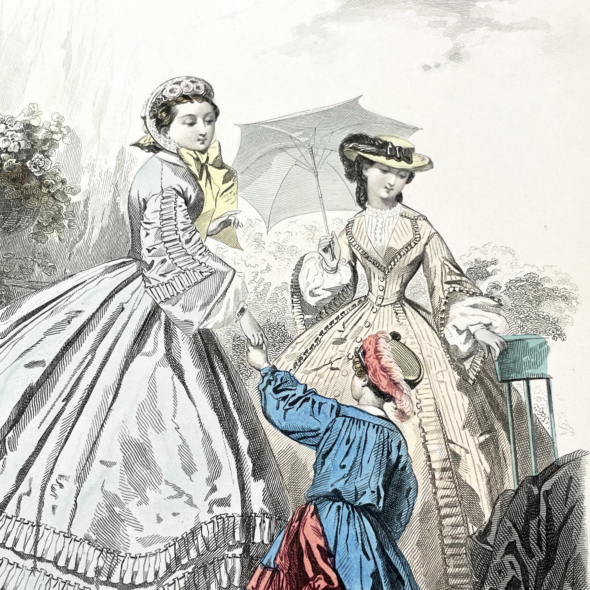 1860s - Exquisite Hand-Colored French Fashion Plate - Journal des Demoiselles - Victorian Era Women's Attire and Child - Paris Boutique Art