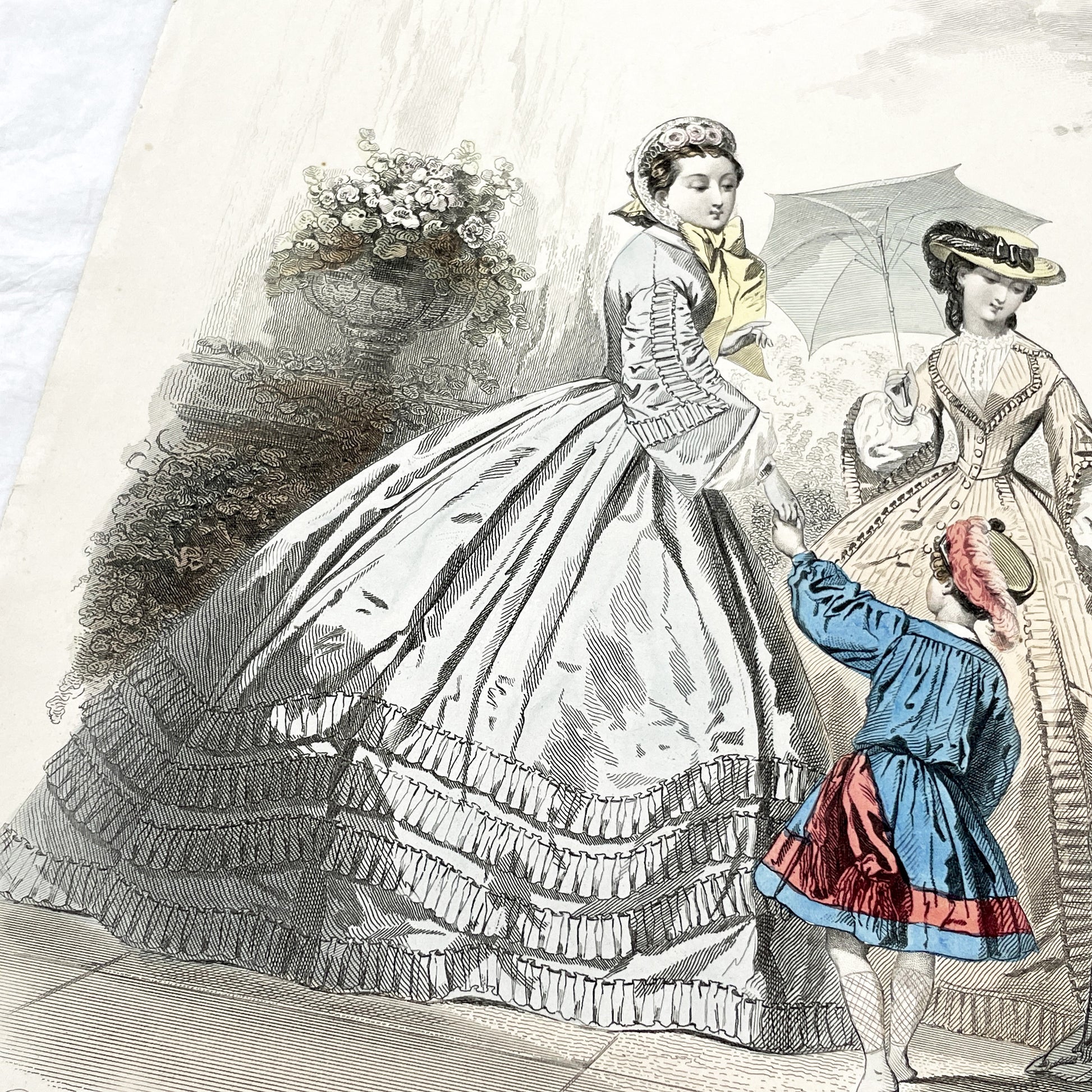 1860s - Exquisite Hand-Colored French Fashion Plate - Journal des Demoiselles - Victorian Era Women's Attire and Child - Paris Boutique Art