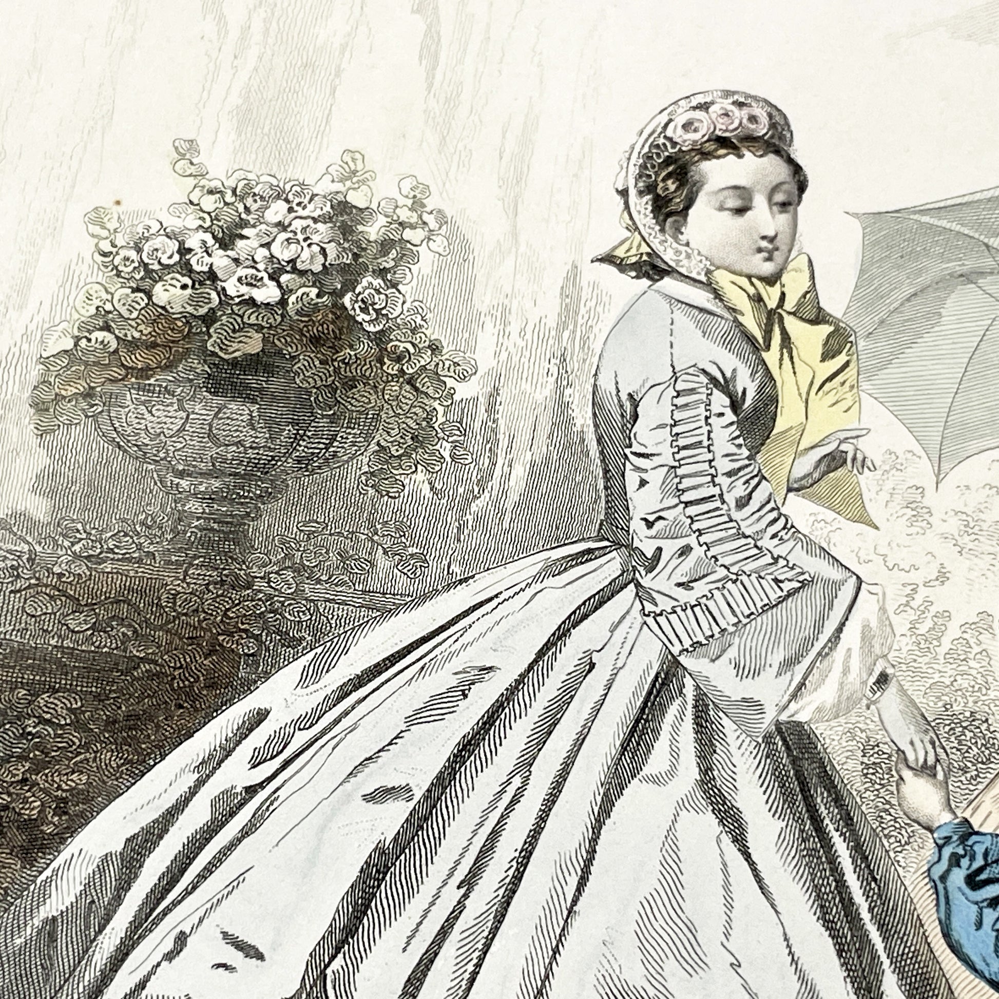 1860s - Exquisite Hand-Colored French Fashion Plate - Journal des Demoiselles - Victorian Era Women's Attire and Child - Paris Boutique Art