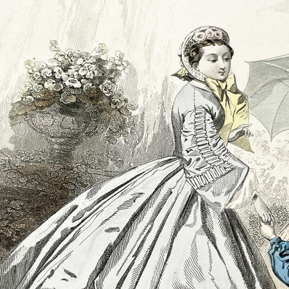 1860s - Exquisite Hand-Colored French Fashion Plate - Journal des Demoiselles - Victorian Era Women's Attire and Child - Paris Boutique Art