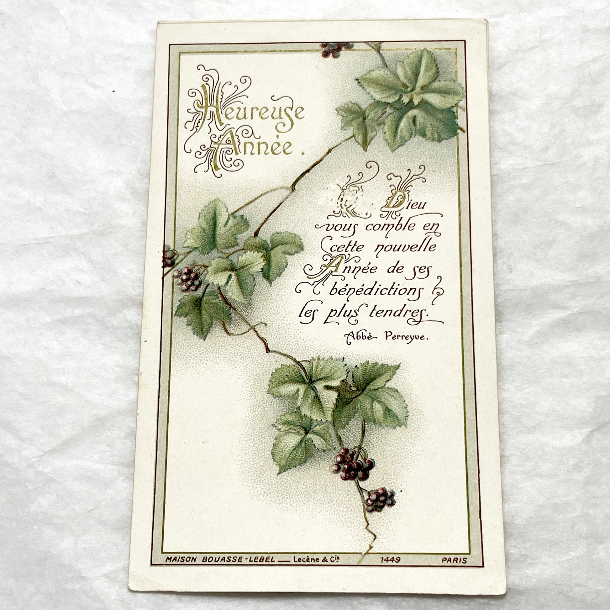 1900s - 2 Vintage French Religious New Year Greeting Cards - Bouasse-Lebel Paris Publisher - Spiritual Messages - Botanical Art