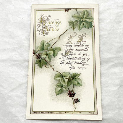 1900s - 2 Vintage French Religious New Year Greeting Cards - Bouasse-Lebel Paris Publisher - Spiritual Messages - Botanical Art