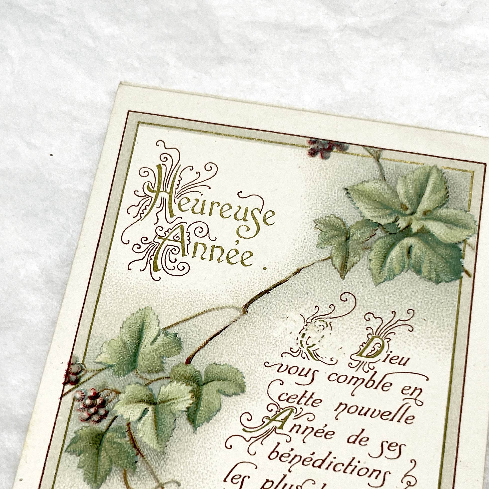 1900s - 2 Vintage French Religious New Year Greeting Cards - Bouasse-Lebel Paris Publisher - Spiritual Messages - Botanical Art