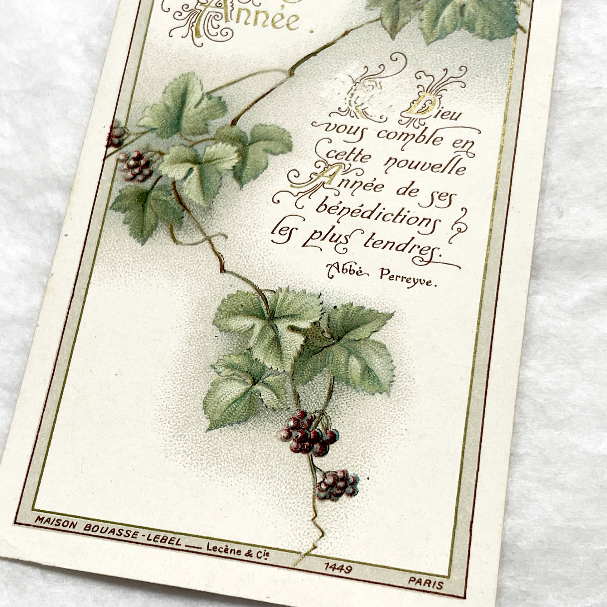 1900s - 2 Vintage French Religious New Year Greeting Cards - Bouasse-Lebel Paris Publisher - Spiritual Messages - Botanical Art