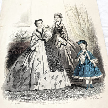 1860s - Original French Fashion Engraving - Journal des Demoiselles - Victorian Era Costume Plate - Antique Hand-Colored Print - Paris