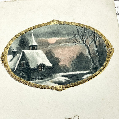 1900s - Antique French New Year Postcard - Vintage Winter Castle Scene - Art Nouveau Border - 1908 Collectible Ephemera - Handwritten Note