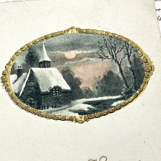1900s - Antique French New Year Postcard - Vintage Winter Castle Scene - Art Nouveau Border - 1908 Collectible Ephemera - Handwritten Note