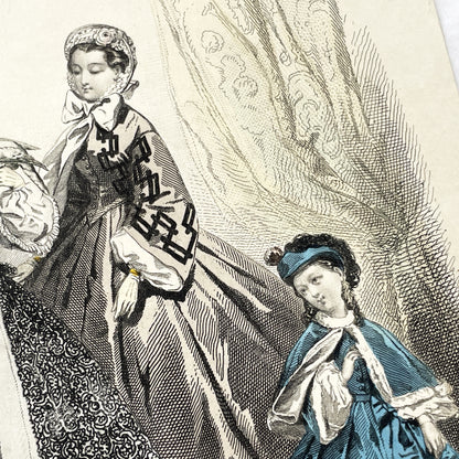 1860s - Original French Fashion Engraving - Journal des Demoiselles - Victorian Era Costume Plate - Antique Hand-Colored Print - Paris