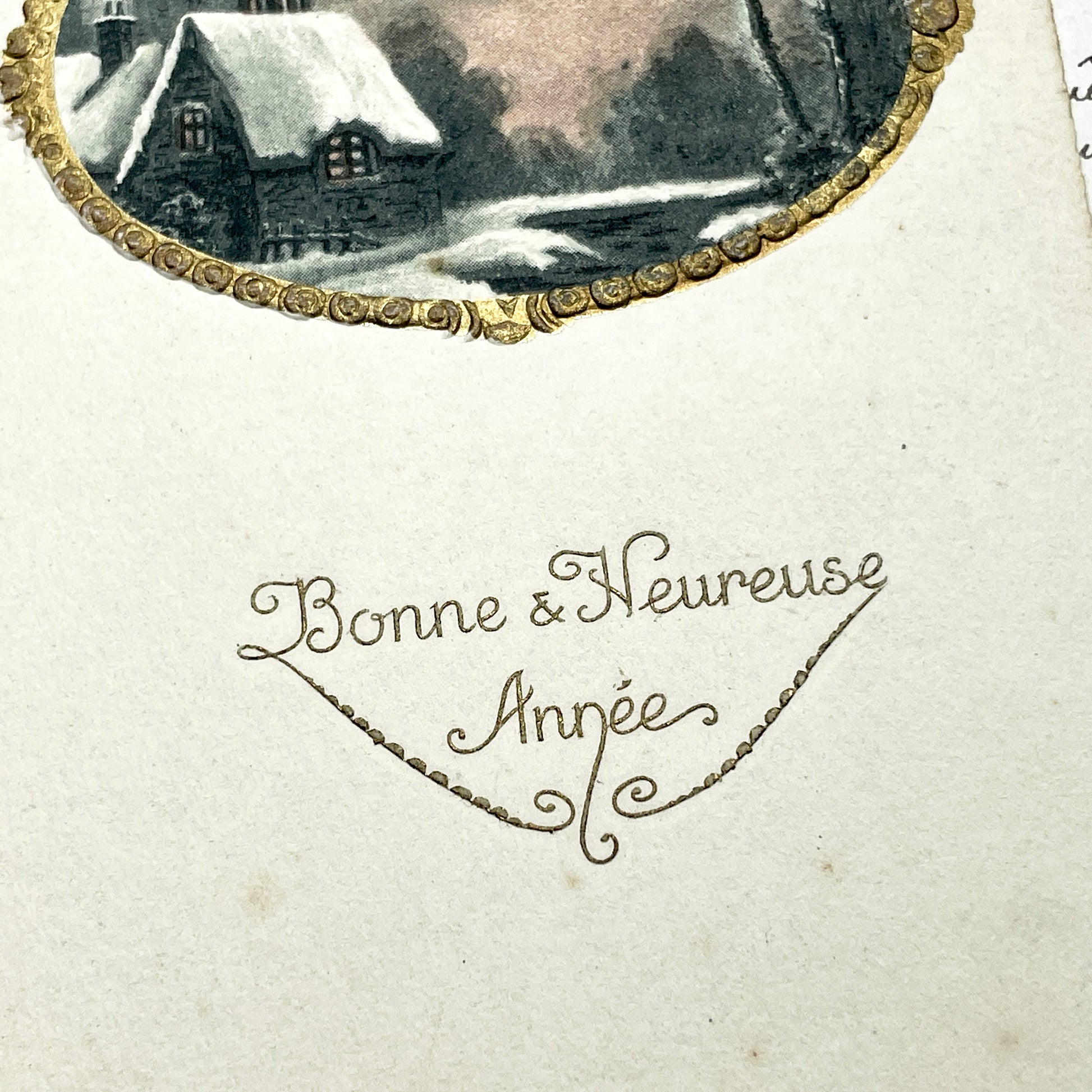 1900s - Antique French New Year Postcard - Vintage Winter Castle Scene - Art Nouveau Border - 1908 Collectible Ephemera - Handwritten Note