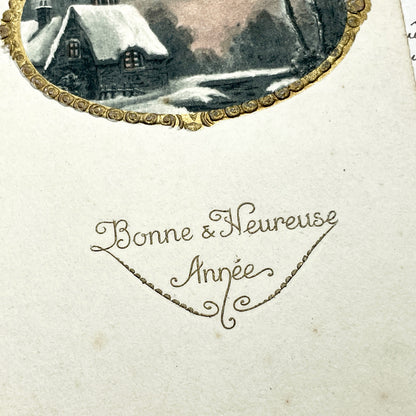 1900s - Antique French New Year Postcard - Vintage Winter Castle Scene - Art Nouveau Border - 1908 Collectible Ephemera - Handwritten Note