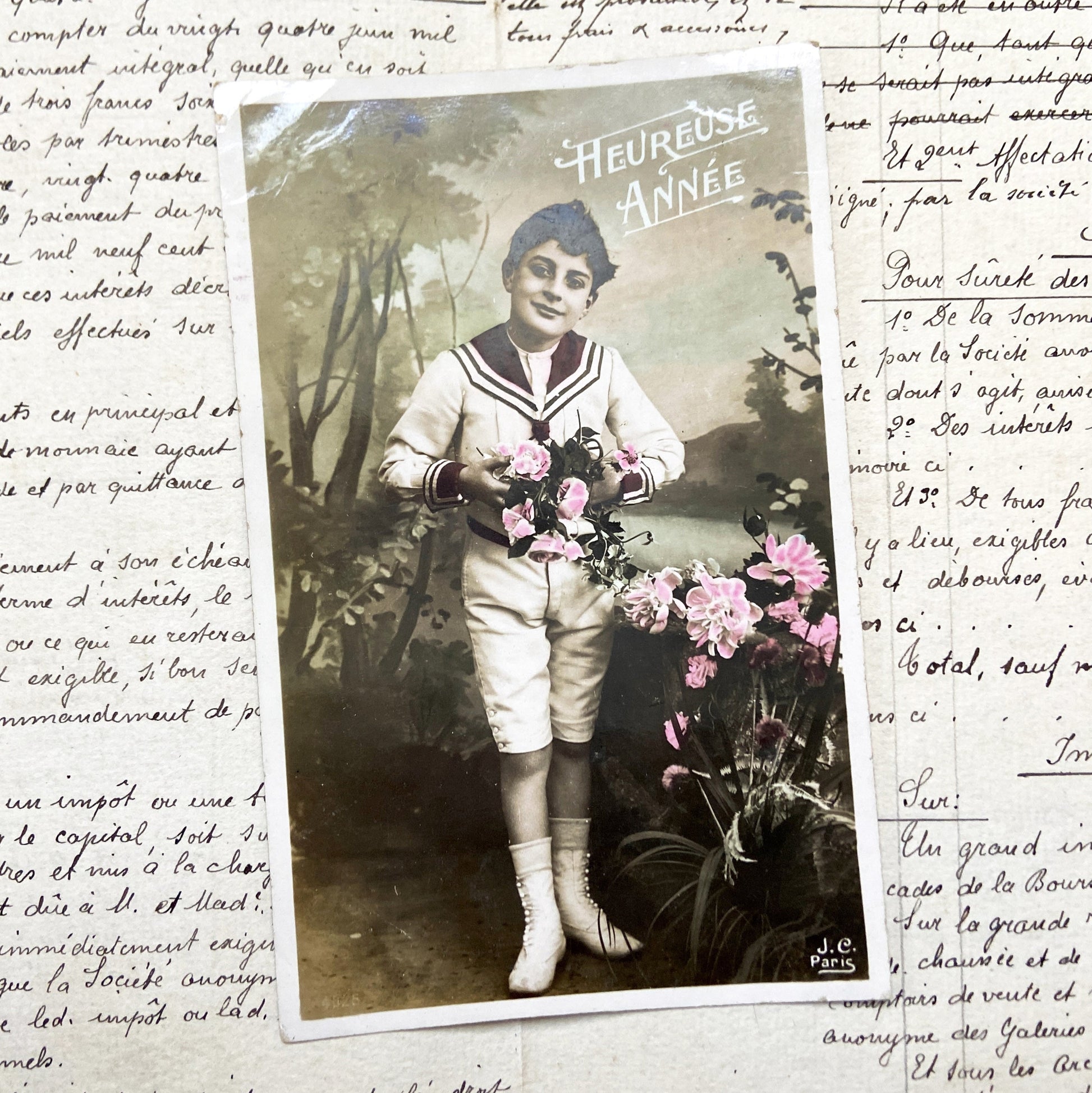 1900s - Antique French Boy Sailor Suit Postcard - Hand-Tinted Flowers Portrait - Edwardian Era Children Collectible - J.C. Paris