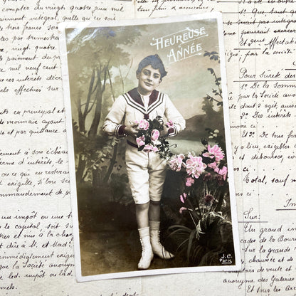 1900s - Antique French Boy Sailor Suit Postcard - Hand-Tinted Flowers Portrait - Edwardian Era Children Collectible - J.C. Paris