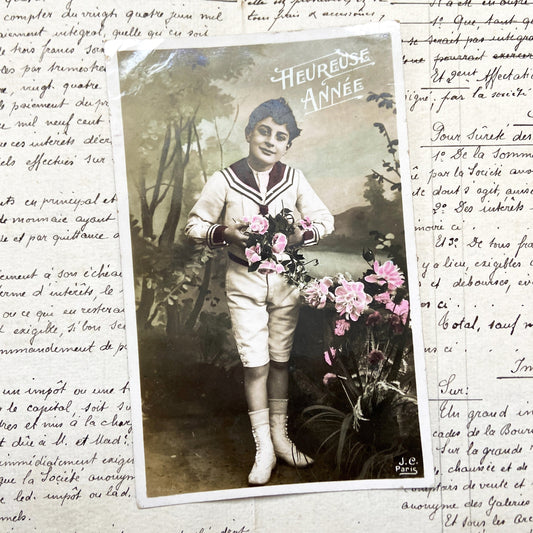 1900s - Antique French Boy Sailor Suit Postcard - Hand-Tinted Flowers Portrait - Edwardian Era Children Collectible - J.C. Paris
