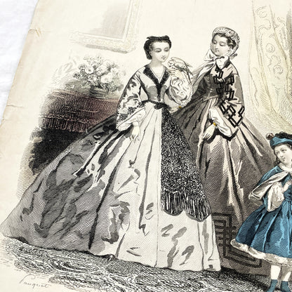 1860s - Original French Fashion Engraving - Journal des Demoiselles - Victorian Era Costume Plate - Antique Hand-Colored Print - Paris