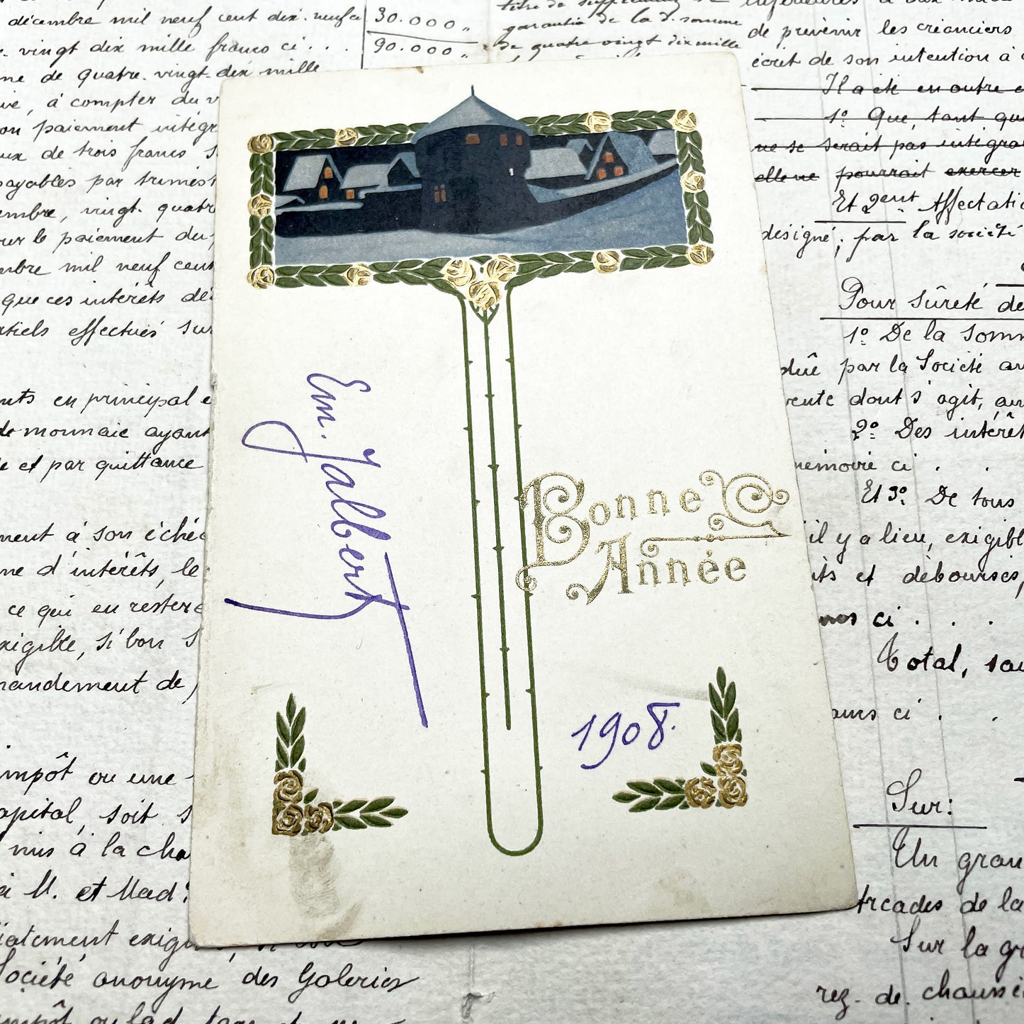 1900s - Vintage French New Year Greeting Card - Antique Winter Cottage Scene - Gilded Embossed Oval Chromolithograph Art