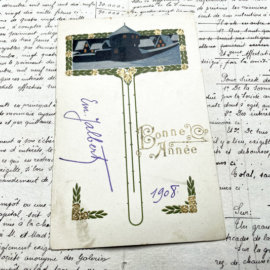 1900s - Vintage French New Year Greeting Card - Antique Winter Cottage Scene - Gilded Embossed Oval Chromolithograph Art